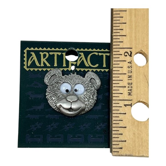 JJ Artifacts Bear Face Googly Eyes Pin Brooch Lapel Hat Pin Silver Tone 1986 Vtg - Picture 5 of 5